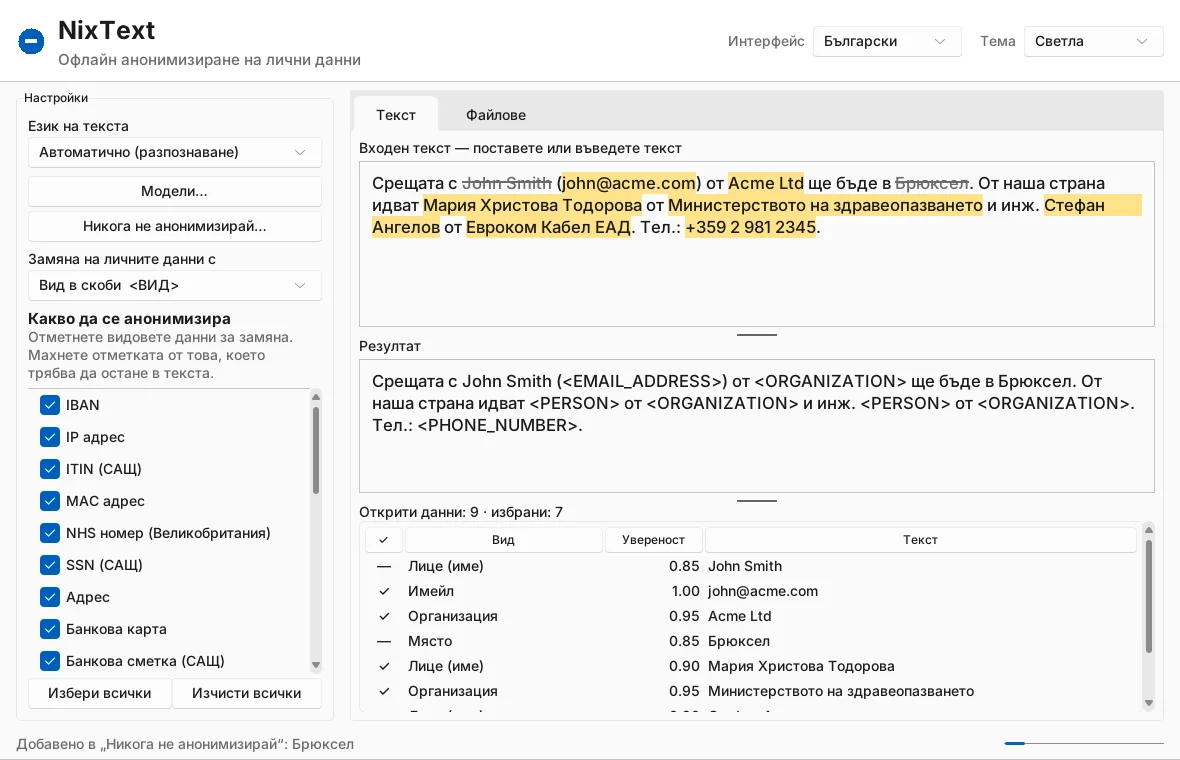 NixText с текст на български и английски: имената, организациите и телефонът са открити, а две находки са пропуснати при прегледа.