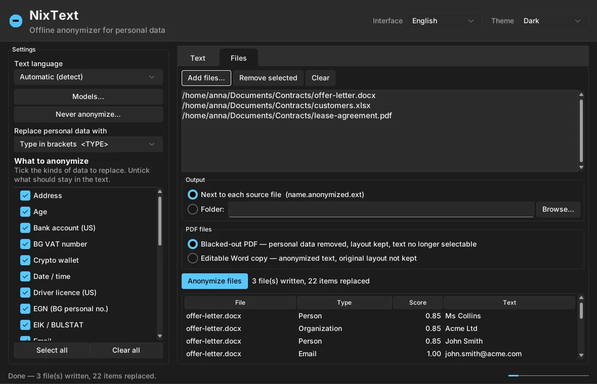 The Files tab in dark mode with three documents anonymized.
