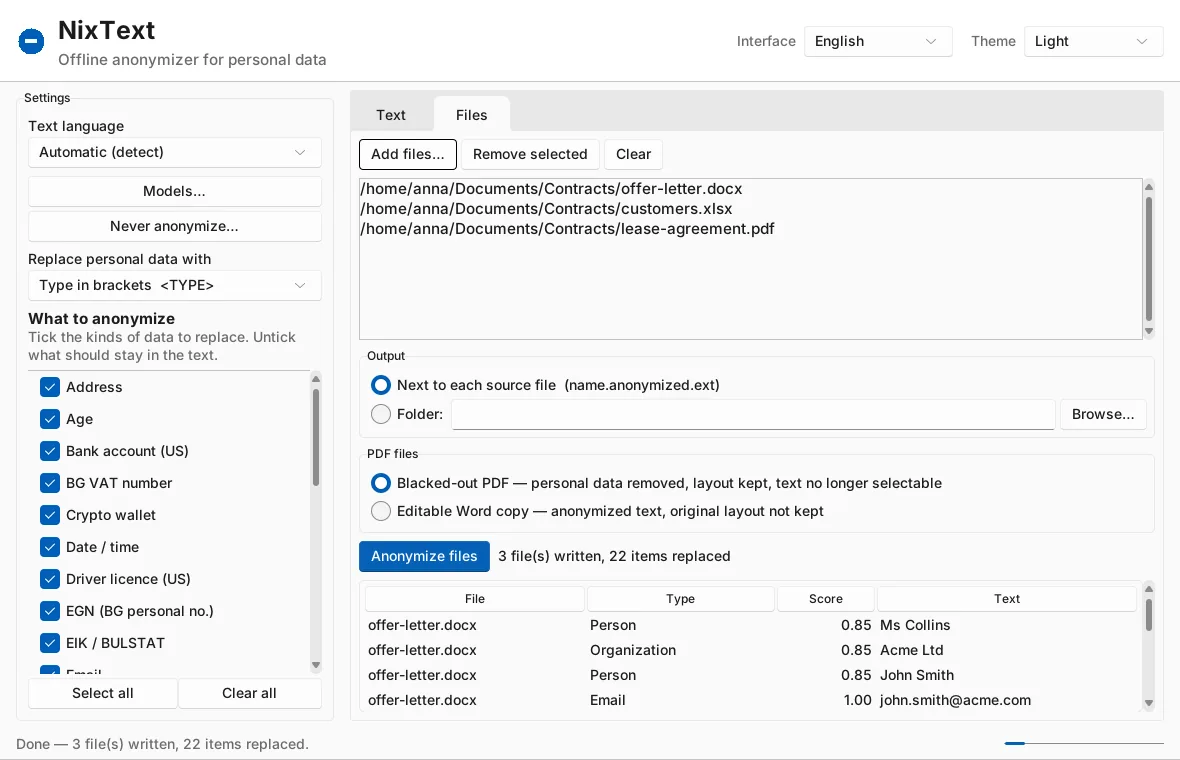 The Files tab with a Word letter, an Excel sheet and a PDF anonymized in one run, with the findings per file.