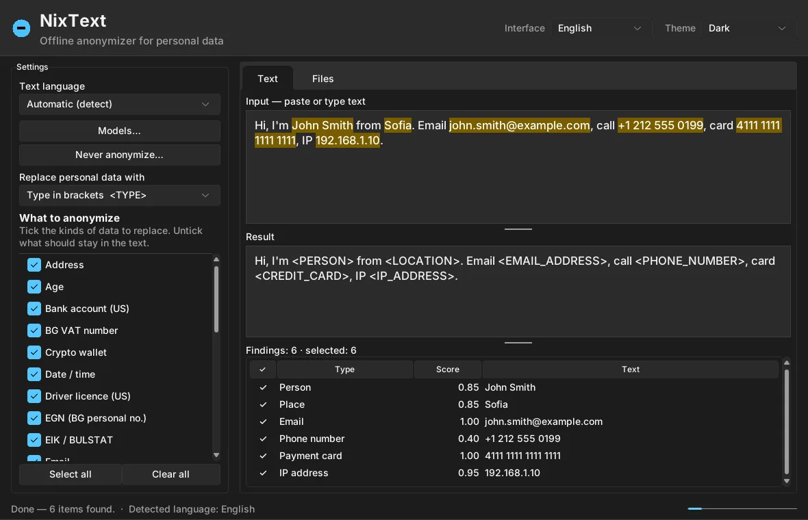 NixText in dark mode with an English sentence anonymized.