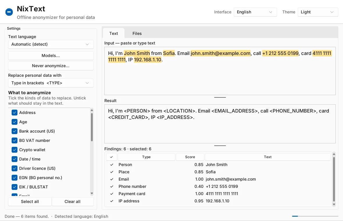 NixText with an English sentence: the name, city, email, phone, card and IP address are highlighted and replaced with type labels.